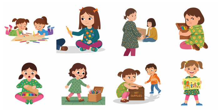 Children Social Behavior and Sharing Skills Vector Illustration Set
