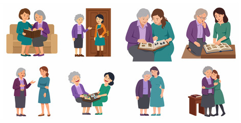 Fototapeta premium Collection of illustrations showing a young woman and elderly grandmother bonding over photo albums, talking, and hugging.
