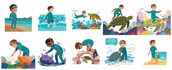 Fototapeta premium Vector illustration set of a young boy snorkeling, swimming with sea turtles, and exploring underwater marine life and coral reefs