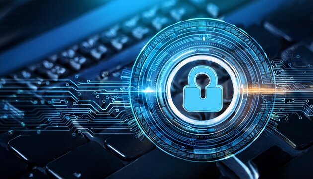 secure data encryption key computer security with an image featuring an encryption key locking and safeguarding data on a computer