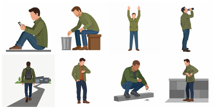 Set of flat vector illustrations showing a man in diverse poses and daily life activities