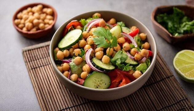 healthy chana chaat salad with black chickpeas cucumber and fresh vegetables in ceramic bowl