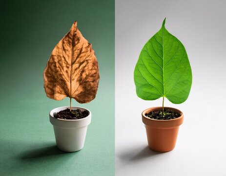 before and after concept showing dying and thriving plant leaves in pot on clean background