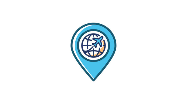Global travel and tourism location pin icon with airplane and globe