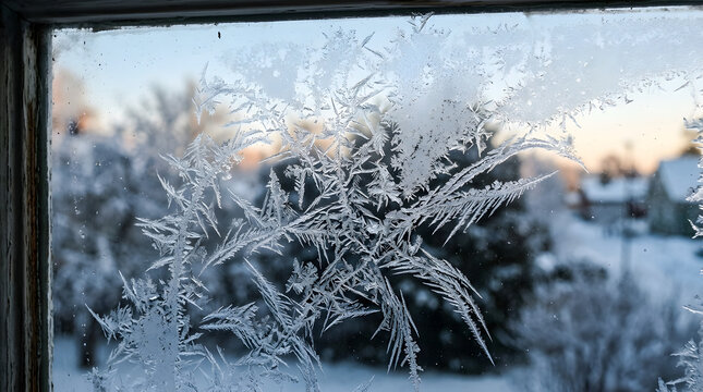 Detailed crystalline ice frost patterns frozen on a glass window pane during a cold winter morning, with a blurred snowy landscape and soft morning light in the background.