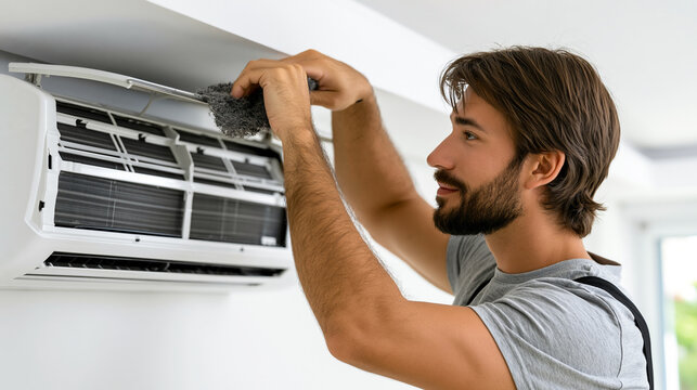 Professional technician male cleaning or changing dirty air conditioner filter inside room, handyman repairing ac unit system, providing maintenance service for home ventilation