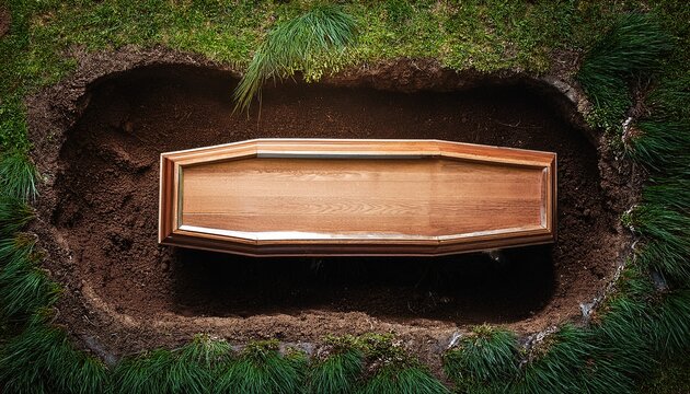 top above view of wooden coffin casket buried in the hole in the ground death funeral at the graveyard grief and sorrow