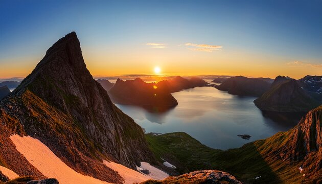 Sunset Landscape Stetind National Mountain Peak In Norway And Fjord Scenery