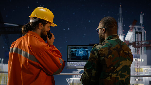 Monitoring operations with AI, oil crisis conflict and military man with offshore rig worker, using AI anomaly detection system, maritime war and army soldier, camera A for energy operations.
