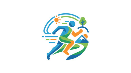 Fototapeta premium Dynamic Athlete Runner Jogging Through Nature Landscape with Mountains and Sun