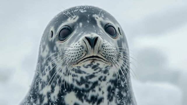 A sealion with curious gaze in the foreground against a blurred snowy background.