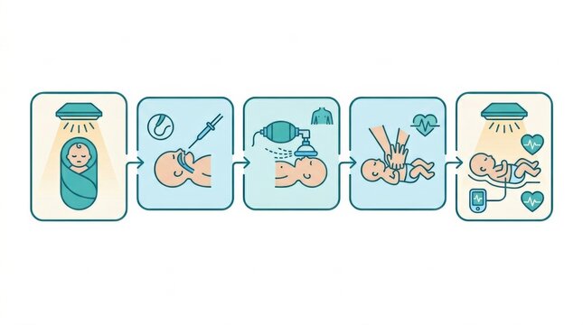 Steps show care for premature baby in incubator with medical equipment for monitoring and support in neonatal unit setting