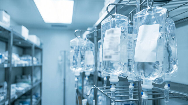 Medical intravenous fluid bags hanging in a hospital storage room
