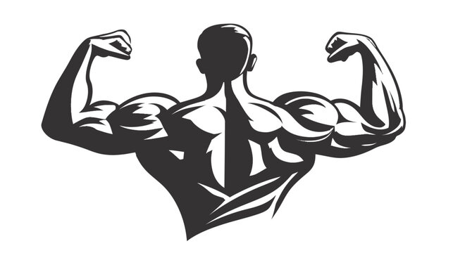 Powerful muscular man flexing bicep and back muscles. Strong bodybuilder silhouette illustration for fitness, strength, and power.