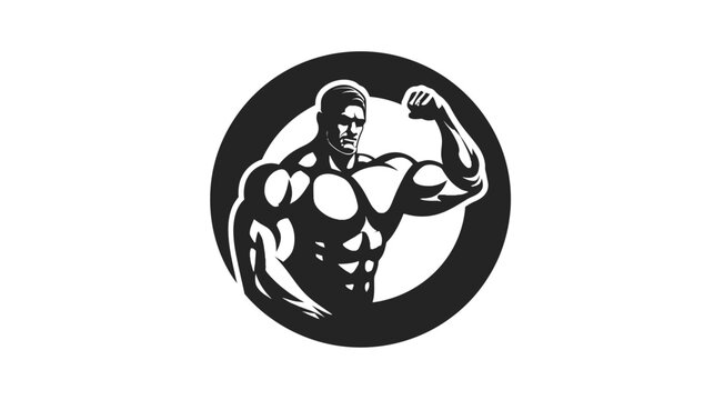 Muscular bodybuilder man flexing bicep in a circular emblem. Strength, fitness, and gym concept icon.