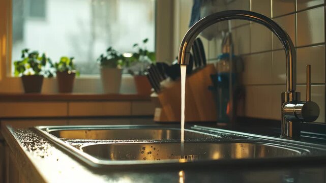 A modern kitchen sink with a shiny stainless steel faucet and a wooden dish drying rack in the background.