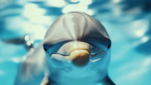 Warm blue tones of the water emphasize the joyful expression on the dolphin's face as it swims freely.
