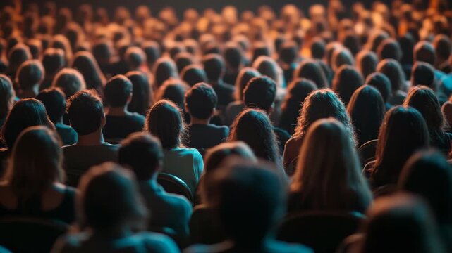 A crowd of people seated and facing forward at a venue with low lighting