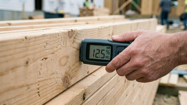 Moisture meter reading on stacked lumber at construction site, hand checking wood humidity level, building materials inspection, carpentry quality control, timber drying process, onsite measurement