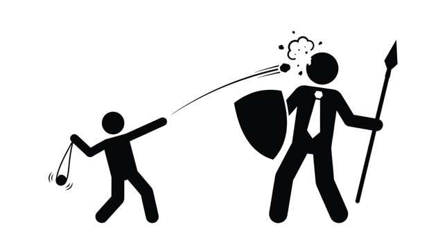 A simple black and white vector illustration showing a stick figure fighting a business man