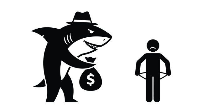 A black and white vector illustration of a greedy loan shark character holding money bags