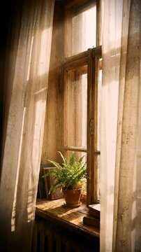 A serene indoor scene shows a potted plant on a windowsill with sunlight filtering through sheer curtains and blinds.