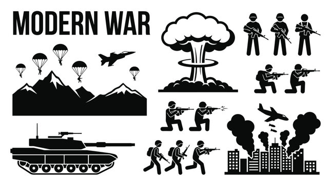 Modern war vector illustration featuring black silhouette icons of soldiers tanks planes and nuclear explosions