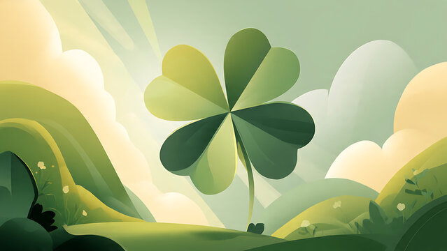 A stylized digital illustration of a green four leaf clover centered in a serene landscape of rolling hills and soft clouds under a warm glowing sky symbolizing luck and happiness.