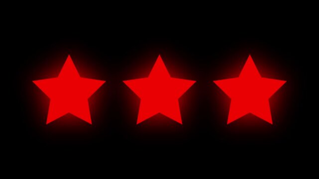 Glowing three star rating icon animated video ,animation video isolated on alpha channel background. Animated of 3 stars rating isolated on transparent black background 4k
