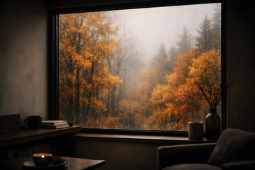 Obraz premium cozy interior view of an autumn forest through a large window, creating a serene and atmospheric mood.