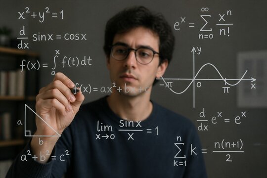 Young man solving math equations on transparent board
