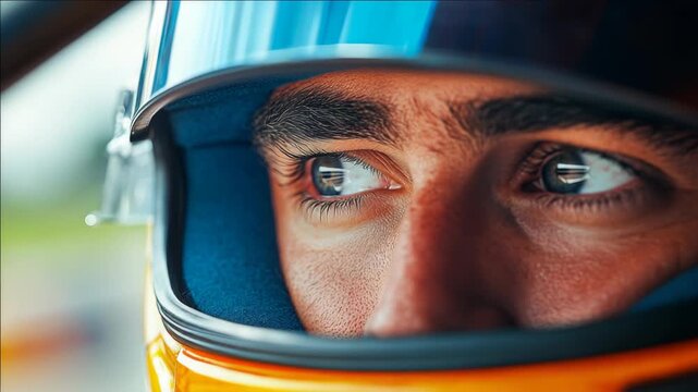 A person wearing a racing helmet with a visor is focused on the road ahead. The captures the intensity and concentration of a race car driver during a high speed chase.