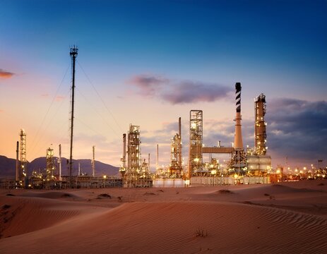 oil refinery plant for crude oil industry on desert in evening twilight energy industrial machine for petroleum gas production background