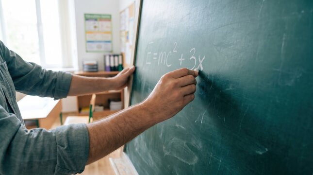 Teacher writing mathematical physics formula on a green chalkboard