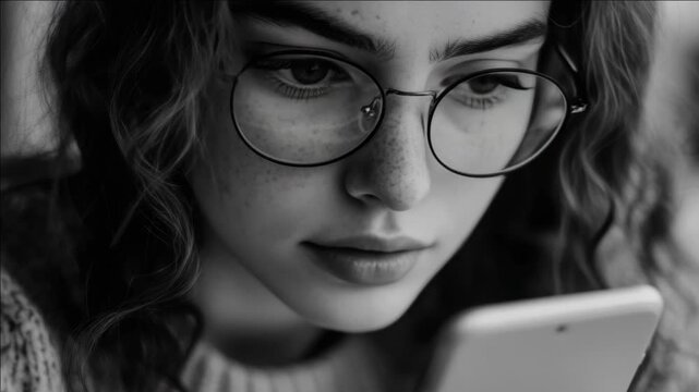 Portrait of a young female student in glasses looking at her phone.