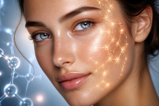 Woman showing molecular skin mapping on face in laboratory