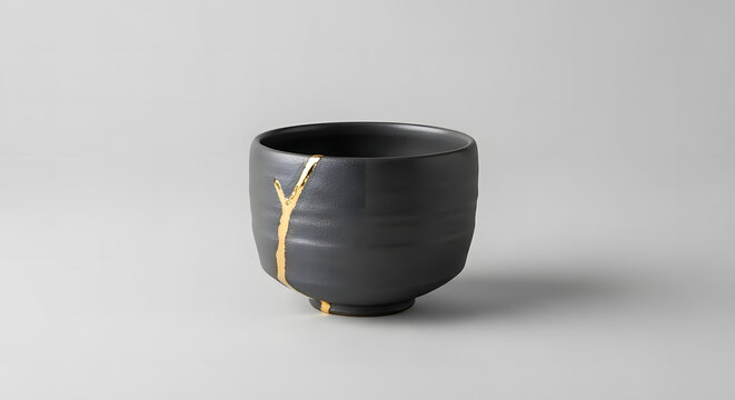 Japanese Kintsugi black ceramic tea bowl with gold lacquer repair seams on neutral grey background. Minimalist studio shot of handcrafted pottery representing wabi-sabi philosophy.