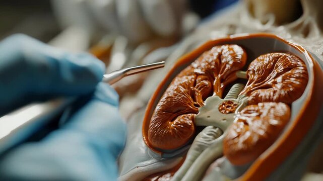 A surgeon wearing gloves is seen performing an operation on a patient's abdomen, with visible organs and internal tissues being worked upon.