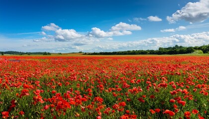 Obraz premium Vast Field Of Red Poppies In Full Bloom Stretching To The Horizon The Poppies Cover The Landscape Under A Bright Blue Sky With Light Clouds
