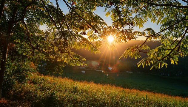 Warm Twilight Sunshine Filtering Through Rain Tree Leaves