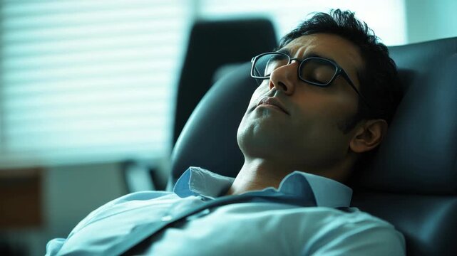 A man wearing a suit and glasses sleeping on an office chair.