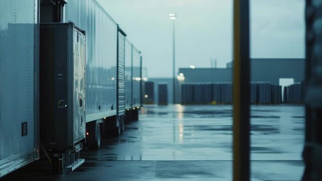 Empty loading dock in warehouse with rain on ground.