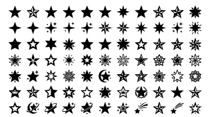 Fototapeta premium Collection of 100 Unique Hand Drawn Star and Celestial Silhouette Vector Icons for Creative Design Projects
