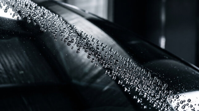 Close-up of water droplets on a dark car windshield, reflecting light.
