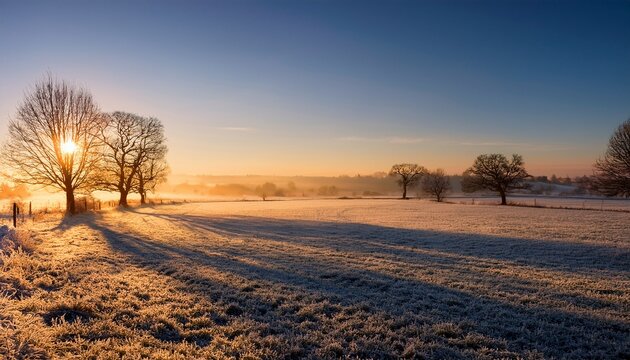 Frosty Countryside Field At Sunrise With Bare Trees Long Shadows And Golden Winter Morning Light