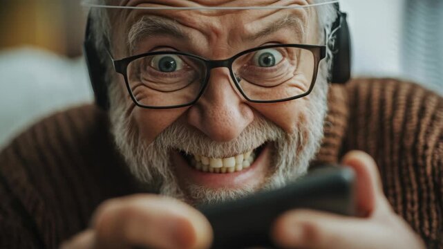 An elderly man with glasses in shock, holding a game controller.
