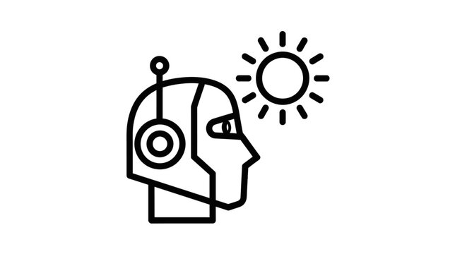 Minimalist line art of a robot head under sun.