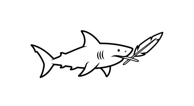 Shark swimming with feather in mouth line art illustration.