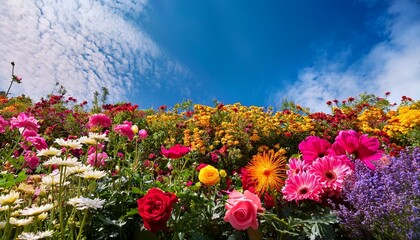 Obraz premium Full Of Colorful Blooming Flowers Pink Chrysanthemums Yellow Daisies Purple Cosmos Green Leaves And Red Roses Looking Up At The Bright Blue Sky And White Clouds Background