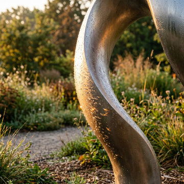 Abstract Metal Sculpture with Water Droplets in Garden at Sunrise